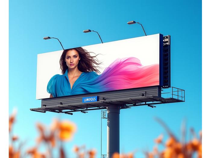 Mesmerizing, vibrantly colored billboard advertisement for a high-end fashion brand, strategically placed against a clear blue Australian sky.