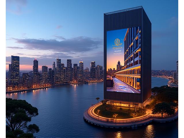 Stunning billboard advertisement for a real estate company visible over the Sydney skyline at dusk.