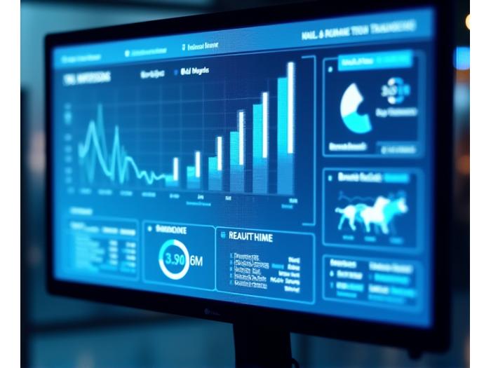 A sleek digital dashboard displaying real-time analytics for a billboard campaign, showing traffic counts, impressions, and engagement metrics.