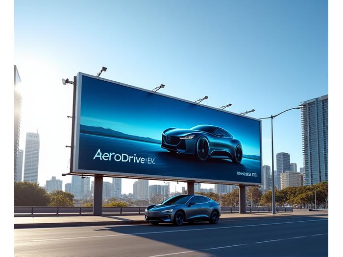 Large, dynamic billboard demonstrating a new electric vehicle model, with sleek lines and futuristic design, positioned prominently near an automotive dealership in Perth.