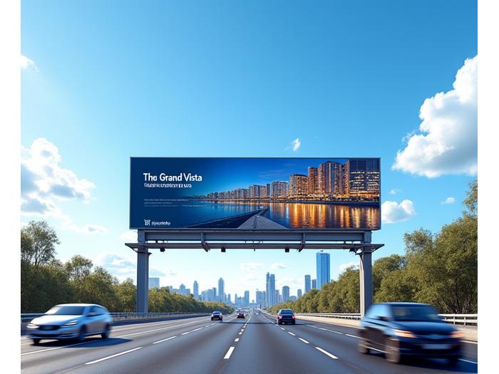 Panoramic shot of a large, high-definition billboard promoting a new luxury apartment complex, situated on a busy highway entering Melbourne.