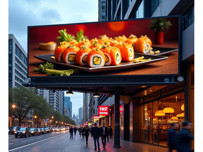 Vibrant billboard advertisement for a popular Asian fusion restaurant, showcasing delicious food imagery, situated above a busy street in Brisbane's dining district.
