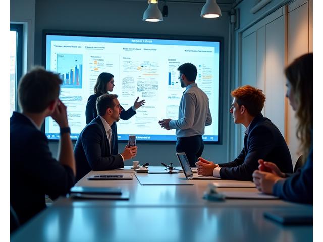 Australian advertising agency team members in a dynamic meeting, strategizing over campaign ideas, representing professional consultation and collaboration.