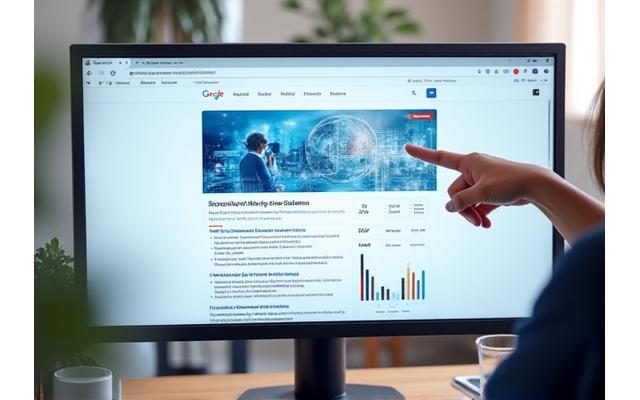 Illustrative mockup of Google search results page with a prominent, well-optimized advertisement, showing keywords and performance metrics.