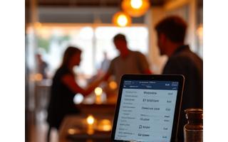 A happy Australian cafe owner standing in front of their bustling cafe, with subtle digital elements showing increased online orders.