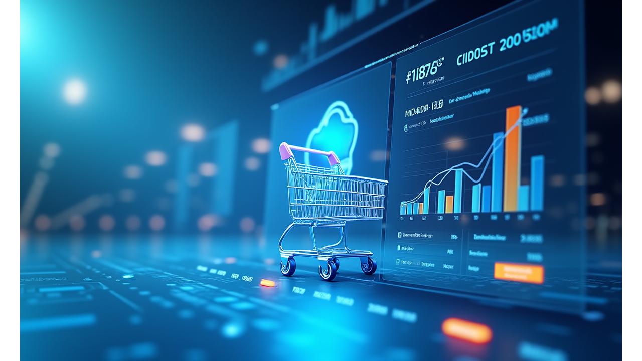 E-commerce interface mockups with campaign results and shopping cart integrations showcasing sales growth and ROI metrics.