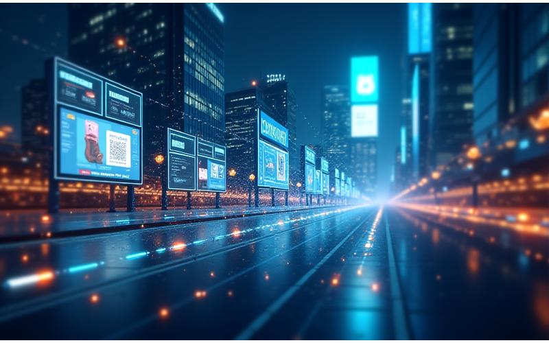 A visual representation of an omnichannel customer journey, showing integration points between digital ads, e-commerce websites, billboards with QR codes, and TV commercials, ensuring consistent brand experience.