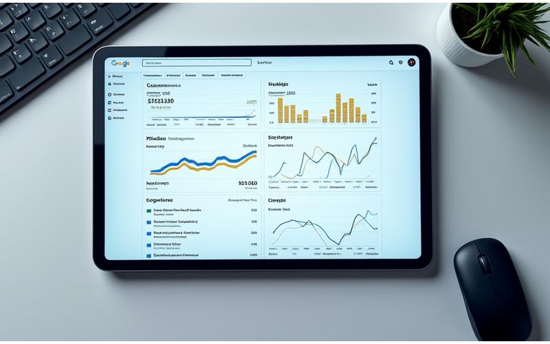 A performance marketing dashboard displaying Google Shopping campaign results, product listing optimization metrics, and conversion funnel visualization.