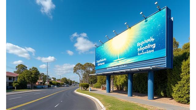 Outdoor billboard displaying a public health message about sun safety in an Australian landscape, promoting community well-being.