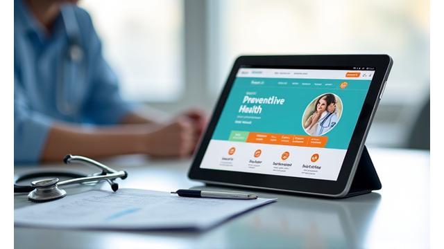 Tablet displaying patient education content on a healthcare website, with medical instruments subtly in the background, signifying digital patient outreach.