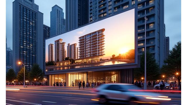 Modern apartment complex featured on a large billboard