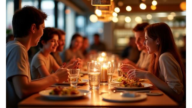 Family enjoying a meal at a bustling restaurant