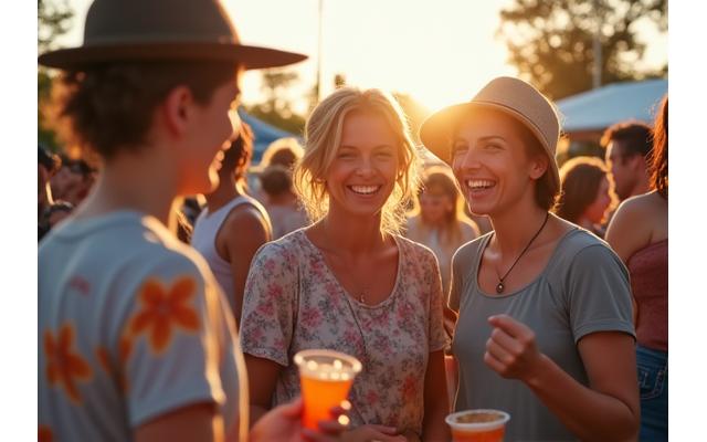 Diverse group of people at a local community event in Australia, engaged in conversation, with subtle branding elements, showcasing local business involvement