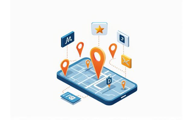Smartphone displaying map with local business pins, surrounded by digital marketing icons like social media logos and review stars, illustrating targeted advertising