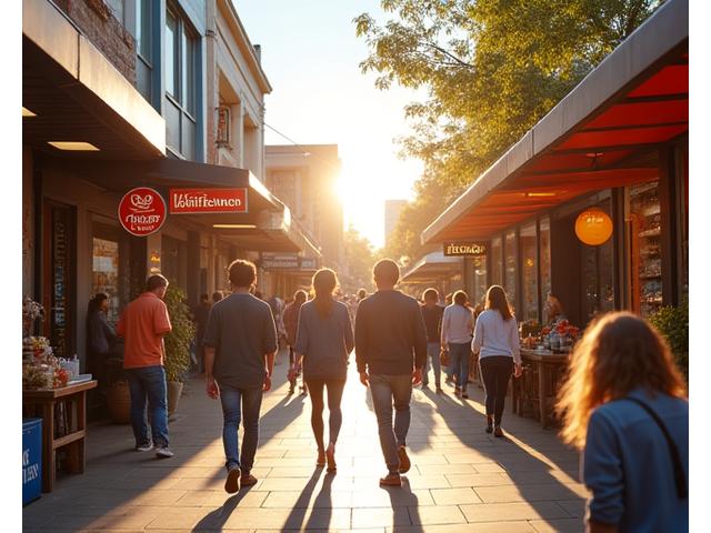 Vibrant local street scene with small businesses, happy customers, and subtle digital marketing overlays, symbolizing community growth aided by AdMax Australia'