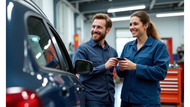Clean and modern auto repair shop in Australia with a friendly mechanic talking to a customer