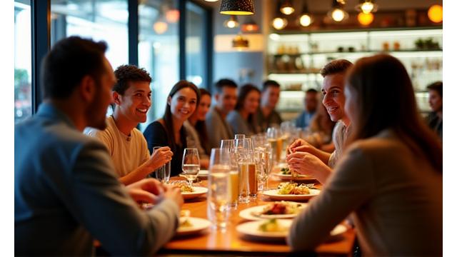 A busy, modern Australian family restaurant with happy diners, warmly lit