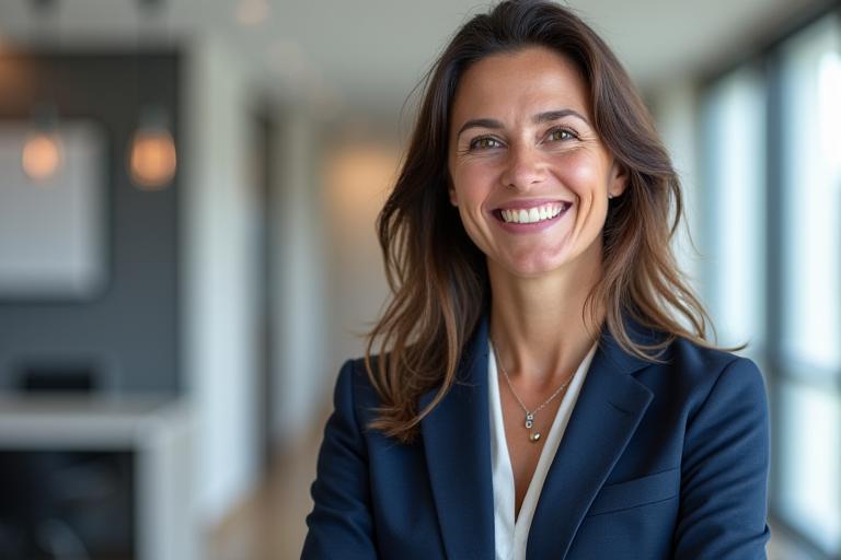 Professional photo of a confident Australian real estate agent smiling, with subtle branding elements