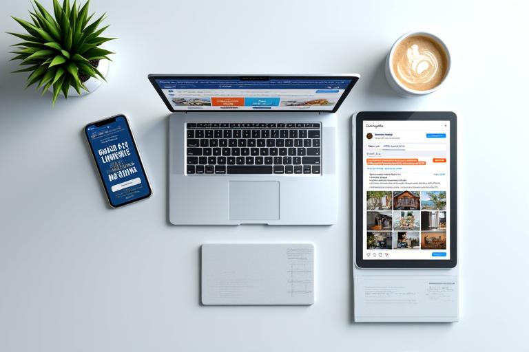 Multiple screens showing examples of digital real estate ads on social media, Google, and a property landing page