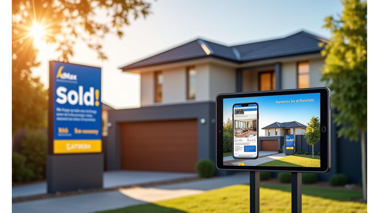 Modern Australian home with a 'SOLD' sign from a successful AdMax Australia campaign, showcasing a blend of traditional and digital advertising elements