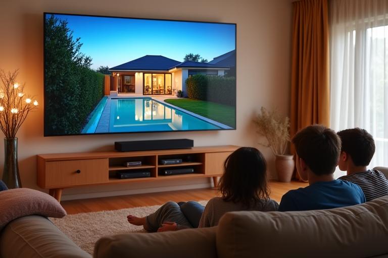 People watching a TV screen displaying a modern home for sale, emphasizing local community connection