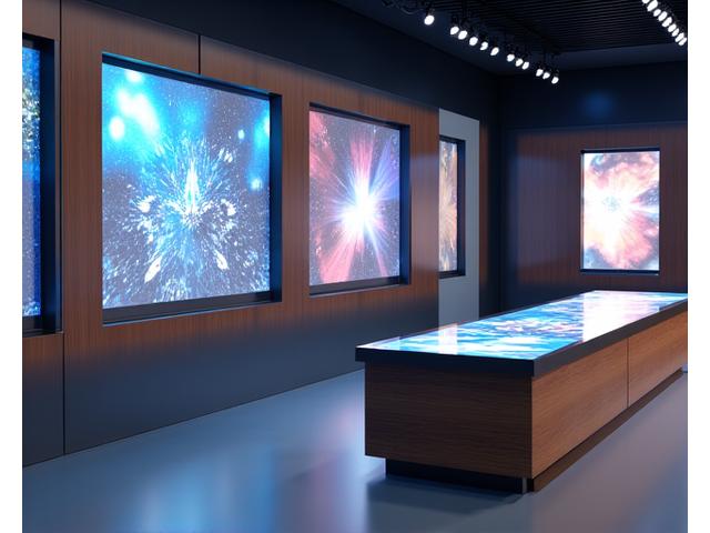3D render of a sleek, modern custom display stand concept with integrated digital screens and sustainable wood elements, showcasing intricate design work from a design agency.