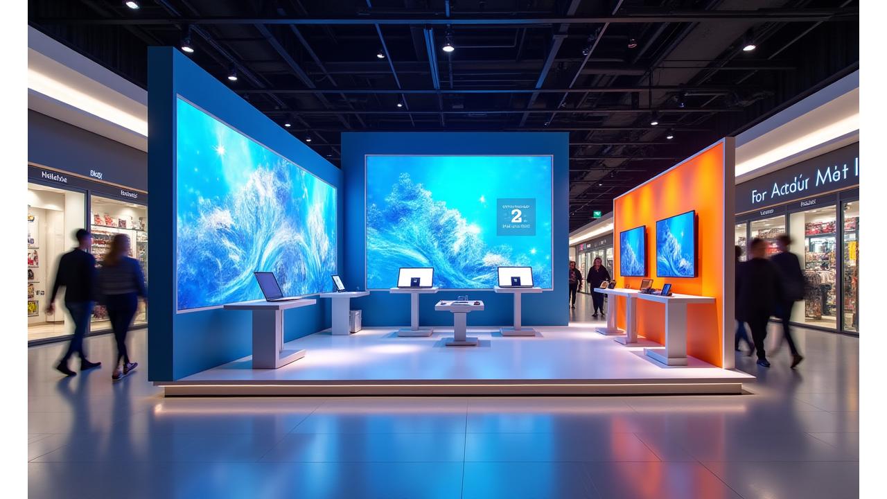 Dynamic custom display stand design in a vibrant Australian shopping centre with blurred shoppers in the background, showcasing interactive elements and bright branding.