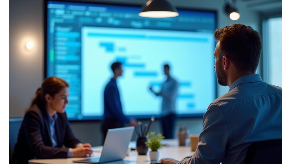 A project manager in a modern office looking at a detailed Gantt chart on a large screen, overseeing various phases of a display advertising campaign with team members collaborating in the background.