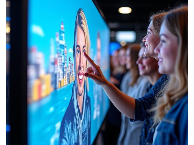 A diverse group of people interacting with a sophisticated, highly-stylized digital display screen at an event in Australia, featuring augmented reality overlays and touch functionalities, vibrant and engaging.