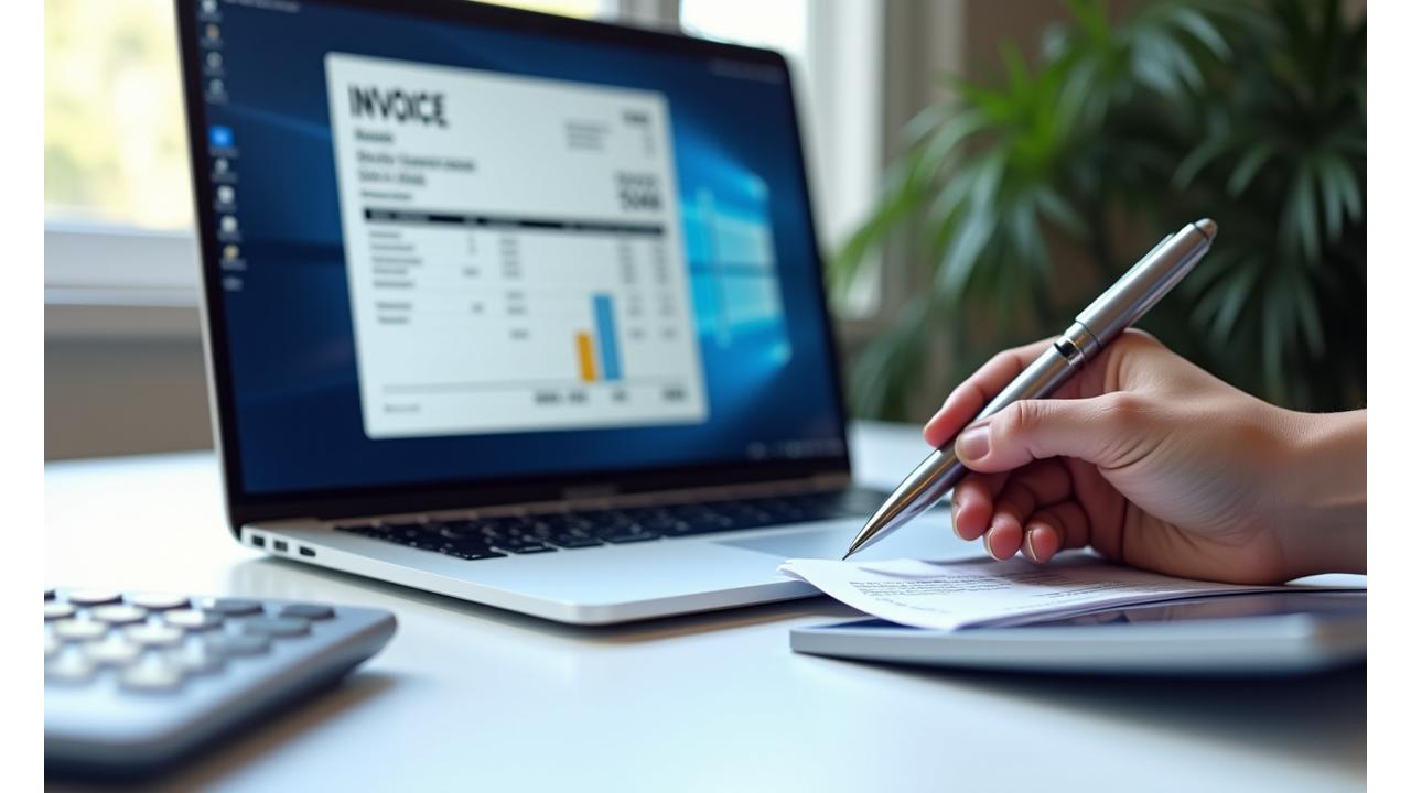Close-up on a modern laptop screen displaying a detailed digital invoice and data charts, with hands operating a calculator and pen, conveying transparent billing and financial accuracy for an advertising agency in Australia.