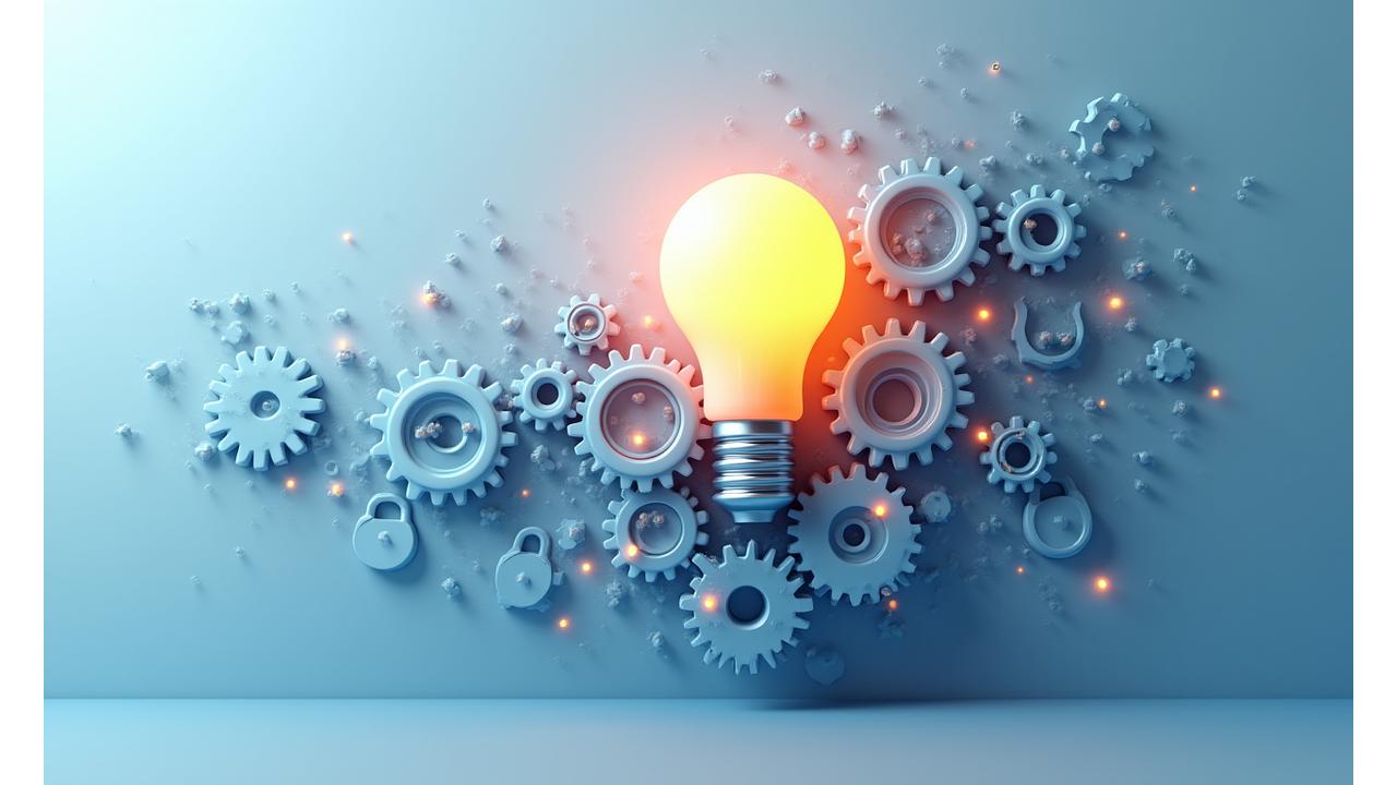 Conceptual image of a glowing lightbulb connected to interlocking gears and cloud storage icons, symbolizing intellectual property, creative ownership, and data security in advertising, relevant to an Australian agency.