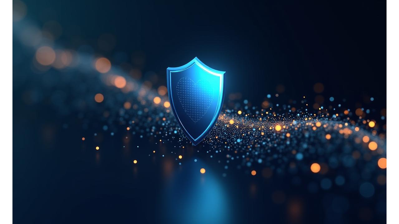 Abstract graphical representation of a digital shield protecting data flowing from various sources, symbolizing risk management, data security, and liability limitations for an advertising agency in Australia.