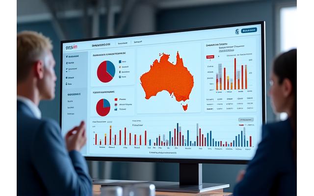 A sleek, modern analytics dashboard displaying various charts and graphs related to audience demographics, TV viewership trends, and campaign performance metrics, with a prominent 'Australia' map overlay.