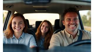 Still from a successful automotive TV commercial showing a happy family test-driving a new car.