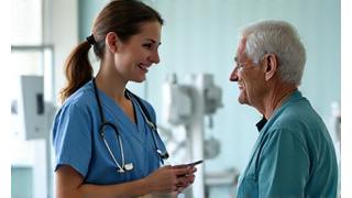 Still from a healthcare TV commercial showing a caring medical professional interacting with a patient in a modern clinic.