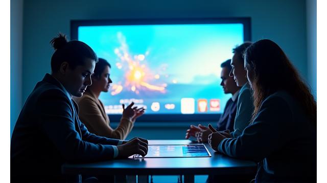 A diverse group of advertising professionals collaborating around a large screen displaying a vibrant TV commercial, with network logos subtly integrated into the background, conveying professionalism and successful media placements.