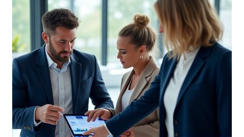 Still from a sophisticated financial services TV commercial showing a diverse group of people confidently managing finances with modern technology.