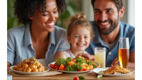 Still from a vibrant food and beverage TV commercial showing fresh ingredients and a happy family enjoying a meal.